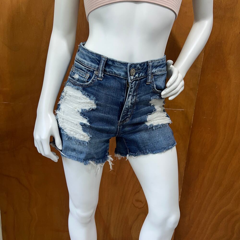 American Eagle Women’s Blue Denim High Rise Distressed Shorties Size 8